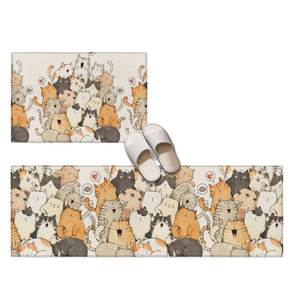 Modern Animal Art 2 Pieces Non-Slip Kitchen Mat Set, Crowded Cat Pile Sleeping Kittens Minimalist Soft Door Mat with Rubber Backing, Dirtproof Rugs for Entrance Doorway, 23.6x35.4in+23.6x70.9in