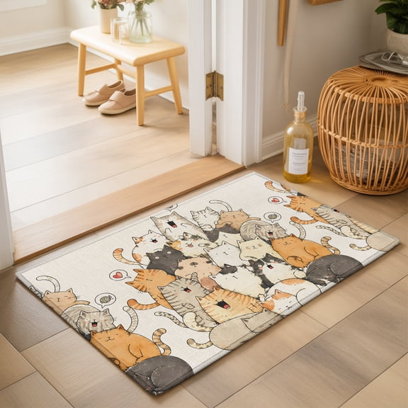 Modern Animal Art 2'x3' Small Rugs for Entryway Front Door Kitchen Sink Area, Crowded Cat Pile Sleeping Kittens Minimalist Soft Sturdy Mats Washable Non Slip Rectangle Area Rug