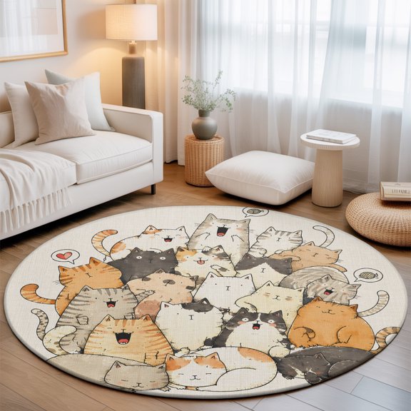 Modern Animal Art 7' Round Rugs for Living Room Conversation Area, Crowded Cat Pile Sleeping Kittens Minimalist Washable Non Slip Large Circle Area Rug Under Dining Table