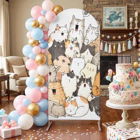 Modern Animal Art Arch Backdrop Covers 4 FT, Crowded Cat Pile Sleeping Kittens Illustration Stretchy Fitted Arched Stand Covers Party Arch Stand Cover Photo Booth for Wedding Birthday Decor