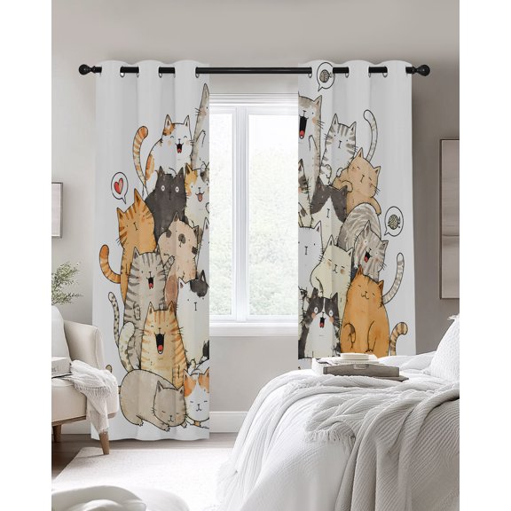 Modern Animal Art Blackout Curtains 2 Panels, Crowded Cat Pile Sleeping Kittens Illustration Thermal Insulated Grommet Window Curtains for Bedroom Living Room 52"x54"