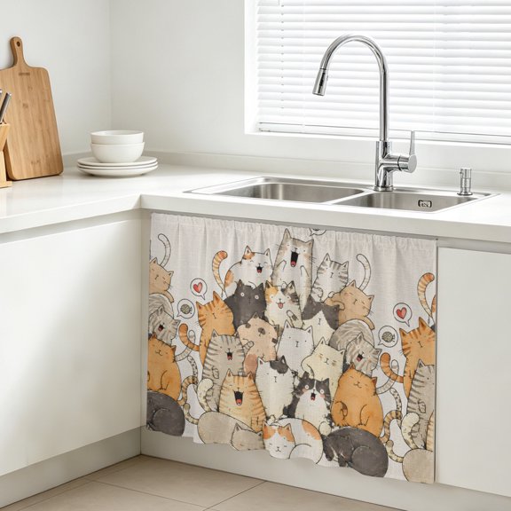 Modern Animal Art Cabinet Curtains for Kitchen 10"W x 11"L, Crowded Cat Pile Sleeping Kittens Minimalist Under Sink Skirt Magic Tape Short Curtain Decorative Privacy Panel for Bathroom Laundry