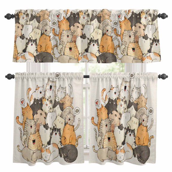 Modern Animal Art Kitchen Curtains Valances 3 Piece Set, Crowded Cat Pile Sleeping Kittens Minimalist Rod Pocket Tier Curtain and Valance Drapes for Small Window 36 Inch Length for Bedroom Cafe