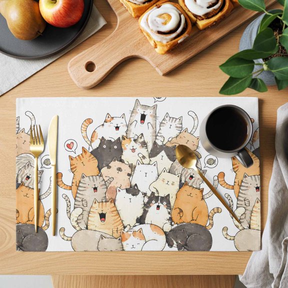 Modern Animal Art Placemats Set of 1, Crowded Cat Pile Sleeping Kittens Illustration Non-Slip Place Mats Washable Table Mats for Kitchen Dining Table Decorations Indoor/Outdoor