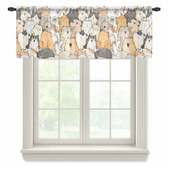 Modern Animal Art Sheer Valances for Windows, Crowded Cat Pile Sleeping Kittens Illustration Semi Sheer Kitchen Valance Rod Pocket Small Voile Window Curtains for Living Room Bedroom 42 x 12 Inch
