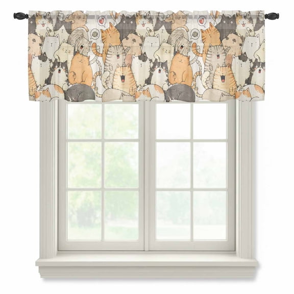Modern Animal Art Sheer Valances for Windows, Crowded Cat Pile Sleeping Kittens Minimalist Semi Sheer Kitchen Valance Rod Pocket Small Voile Window Curtains for Living Room Bedroom 42 x 12 Inch