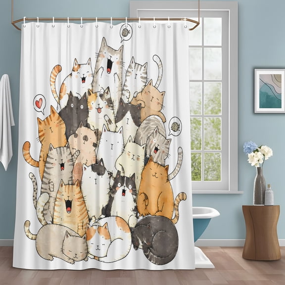 Modern Animal Art Shower Curtain with Hooks, Crowded Cat Pile Sleeping Kittens Illustration Water Repellent Shower Curtains for Bathroom Decor Sturdy Shower Curtain, Machine Washable 36x72 Inch
