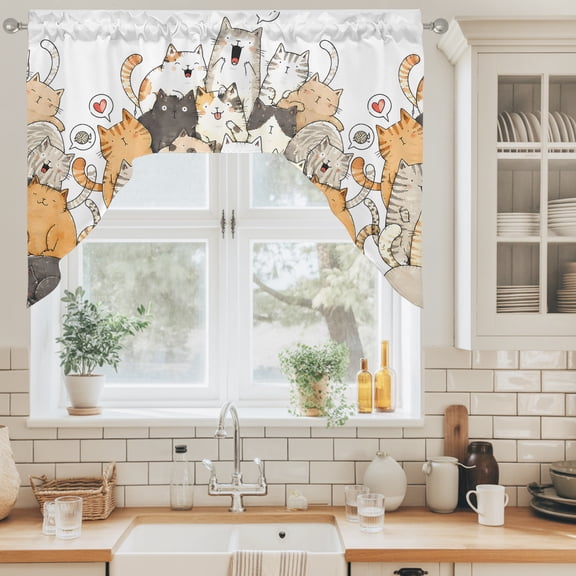 Modern Animal Art Swag Valance for Windows, Crowded Cat Pile Sleeping Kittens Illustration Swag Curtains Valances for Small Window Treatment Rod Pocket for Kitchen Bathroom 1 Panel 56x36in