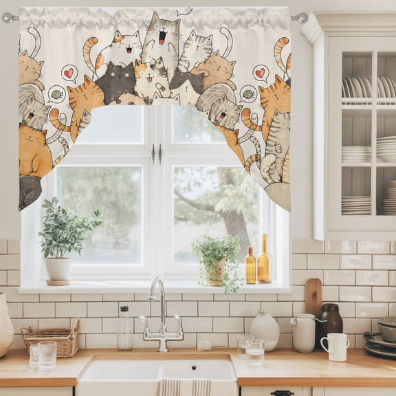 Modern Animal Art Swag Valance for Windows, Crowded Cat Pile Sleeping Kittens Minimalist Swag Curtains Valances for Small Window Treatment Rod Pocket for Kitchen Bathroom 1 Panel 56x36in