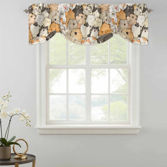Modern Animal Art Tie Up Valances Curtain, Crowded Cat Pile Sleeping Kittens Minimalist Kitchen Valances for Windows Decor, Rod Pocket Short Curtains Set for Bedroom/Bathroom, 42"x12"