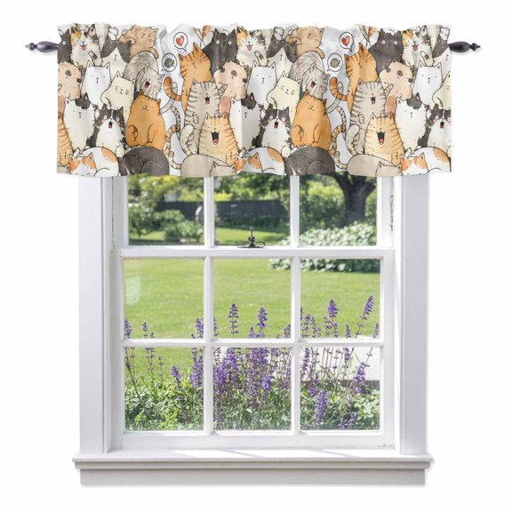 Modern Animal Art Valances for Windows, Crowded Cat Pile Sleeping Kittens Illustration Valance Window Treatment Rod Pocket Short Curtains Valances for Kitchen Bathroom 42"W x 12"L