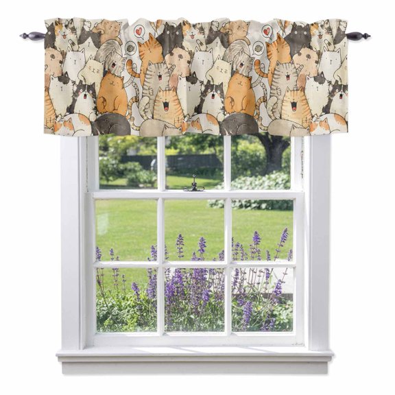 Modern Animal Art Valances for Windows, Crowded Cat Pile Sleeping Kittens Minimalist Valance Window Treatment Rod Pocket Short Curtains Valances for Kitchen Bathroom 42"W x 12"L