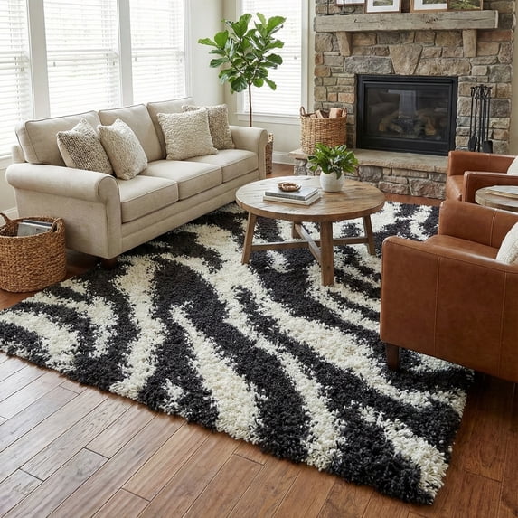 Modern Animal Print 5x7 (5' x 7'2'') Area Rug Shag Zebra Black & Ivory Plush Easy Care Thick Soft Plush Living Room