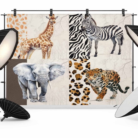 Modern Animals Backdrop for Photoshoot,Photography Photo Studio Background Wall Backdrop,Vintage Giraffe Zebra Elephant Leopard Back Drop Banner Panel for Portraits Wedding Live Streaming 12x8Ft