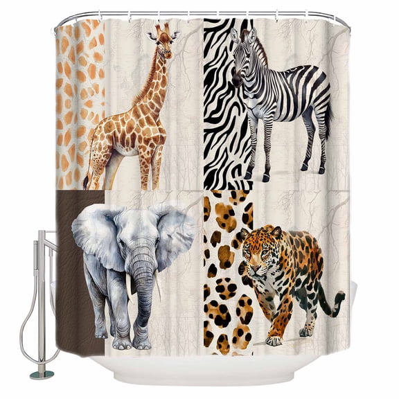 Modern Animals Bathroom Shower Curtains with 12 Hooks Polyester Waterproof Shower Curtain for Stalls and Bathtubs Vintage Giraffe Zebra Elephant Leopard Decorative Bathroom Curtain 72x72 Inches