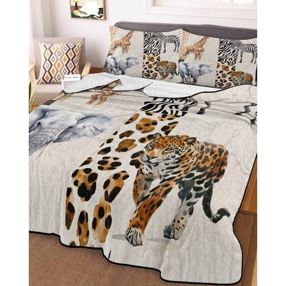 Modern Animals King Size Down Alternative Comforter, Lightweight Comforter Quilt Bedding Set with Pillow Shams Vintage Giraffe Zebra Elephant Leopard All Seasons Bed Comforter Duvet Insert 96"x106"