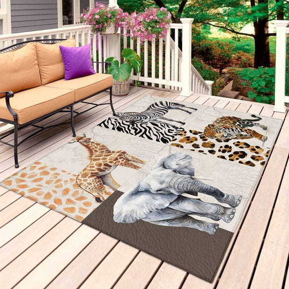 Modern Animals Outdoor Rug 5x8 Ft, Non Slip Washable Area Rug, Vintage Giraffe Zebra Elephant Leopard Patio Rugs Carpet Runner, Large Floor Mat for Indoor/Outdoor Deck Porch Camping