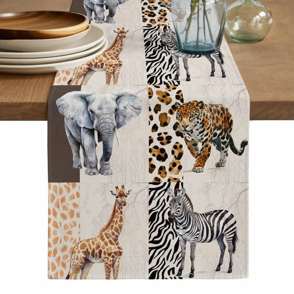 Modern Animals Table Runner, Vintage Giraffe Zebra Elephant Leopard Washable Cotton Linen Table Runners 36 Inches Long, Dresser Scarf Runner for Nightstand/End Tables/Round Tables 13''x36''