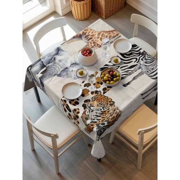 Modern Animals Tablecloth Square Table Cloth 54x54, Waterproof Tablecloth Outdoor Table Cloth, Vintage Giraffe Zebra Elephant Leopard Washable Table Cover for Kitchen Dinning Party