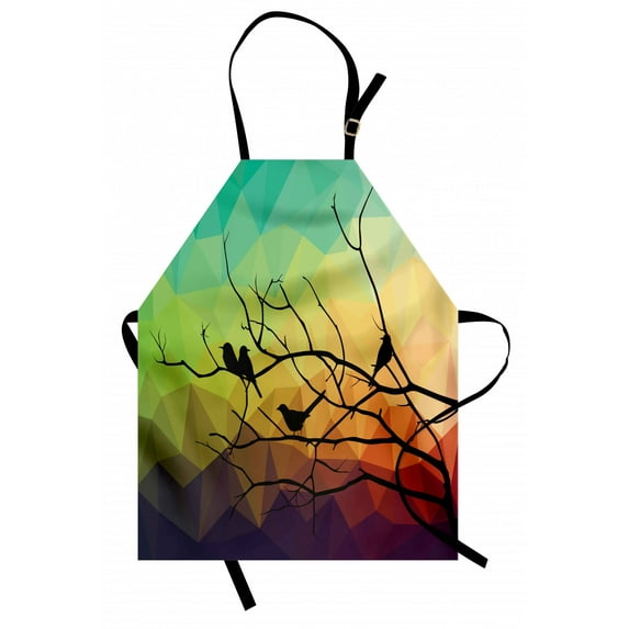 Modern Apron Birds on Branch with Geometrical Abstract Rainbow Colored Sharp Lined Backdrop Print, Unisex Kitchen Bib Apron with Adjustable Neck for Cooking Baking Gardening, Multicolor, by Ambesonne