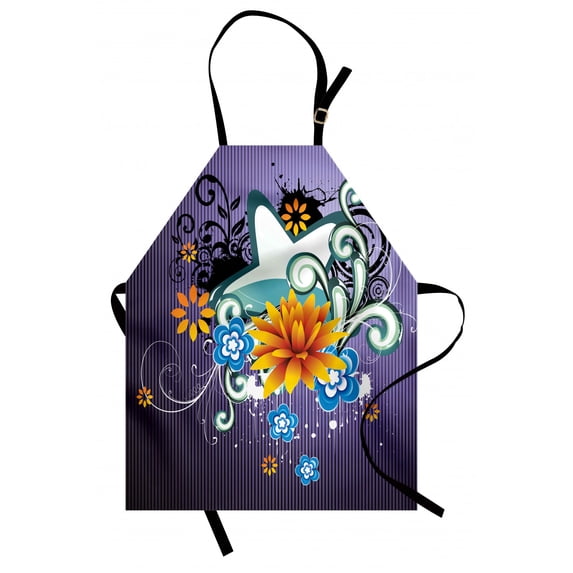 Modern Apron Contemporary Design with Stars Flowers and Swirls with Dark Purple Color Backdrop, Unisex Kitchen Bib Apron with Adjustable Neck for Cooking Baking Gardening, Multicolor, by Ambesonne