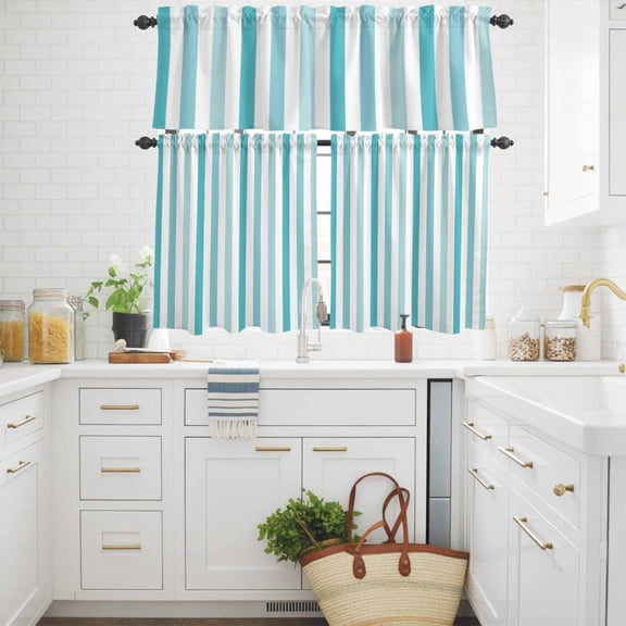 Modern Aqua Gradient Stripe Curtain Tier and Valance Set 3 Piece,Abstract Minimalist Line 3-inch Rod Pocket Window Tier Curtains Valance for Kitchen Living Room
