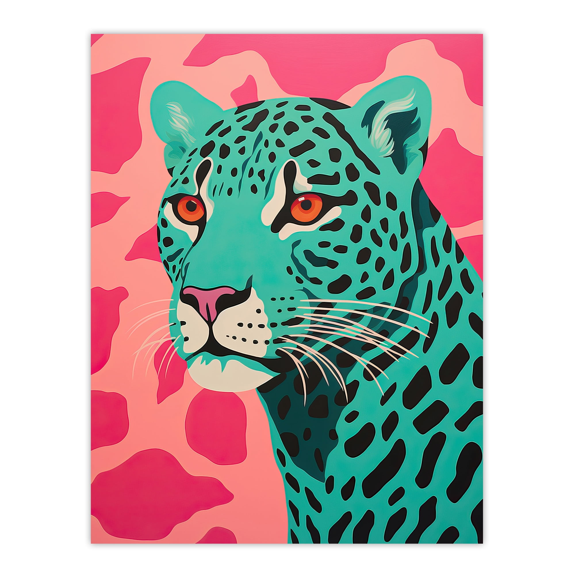 Modern Aqua Green Leopard Print On Pink Pop Art Style Risograph Artwork  Painting Large Wall Art Poster Print Thick Paper 18X24 Inch
