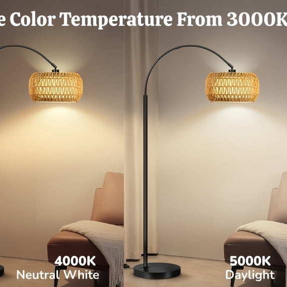 Modern Arc Floor Lamp with Remote Control, Dimmable Standing Light with Adjustable Color Temperature, Metal Frame and Woven Double Drum Shade for Living Room, Bedroom, or Home Office