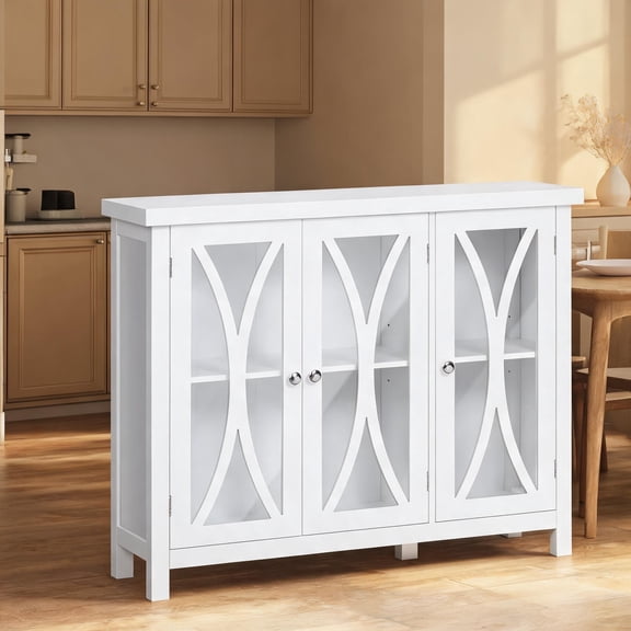 Modern Arc-Pattern Sideboard with Tempered Glass Doors and Adjustable Shelves, White Finish