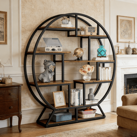 Modern Arch Bookcase Staggered Shelf Design 59 Inch Wide 63 Inch Tall 14 Tier Open Storage Unit Industrial Metal Frame 350 Lbs Capacity for Living Room Home Office Library Plant Stand Media Console