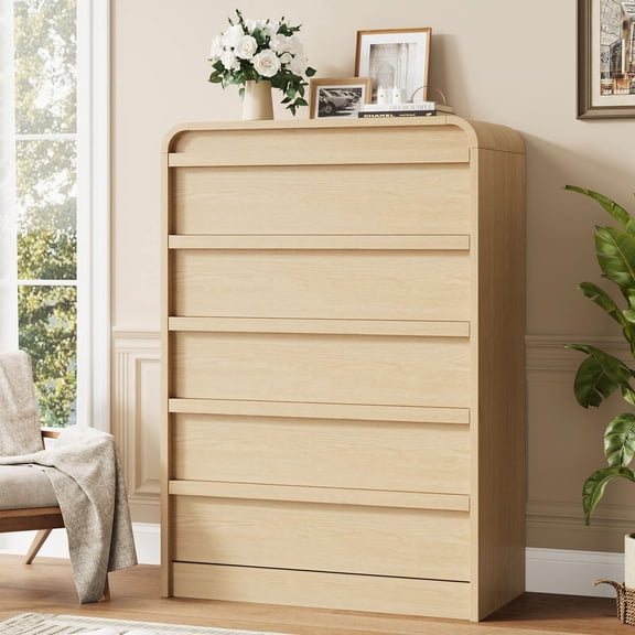 Modern Arched 5-Drawer Tall Dresser with Golden Handles & Large Capacity, Freestanding Wooden Storage Chest for Bedroom Nursery Living Room - Natural