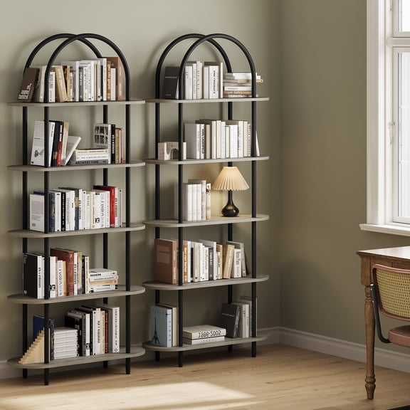 Modern Arched 5-Tier Bookshelf, 71" Tall Freestanding Bookcase with Open Storage Shelves, Metal Frame Display Rack for Home Office, Bedroom, Living Room, Bathroom, Black + Graphite Gray, Five Layers