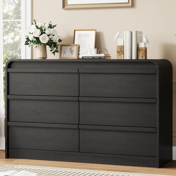 Modern Arched 6 Drawer Dining Table Dresser - 47" Wide Black Wooden Chest - Curved Profile Design - Ample Storage for Dining Room, Hallway, Entryway, Bedroom, or Nursery - Freestanding Cabinet