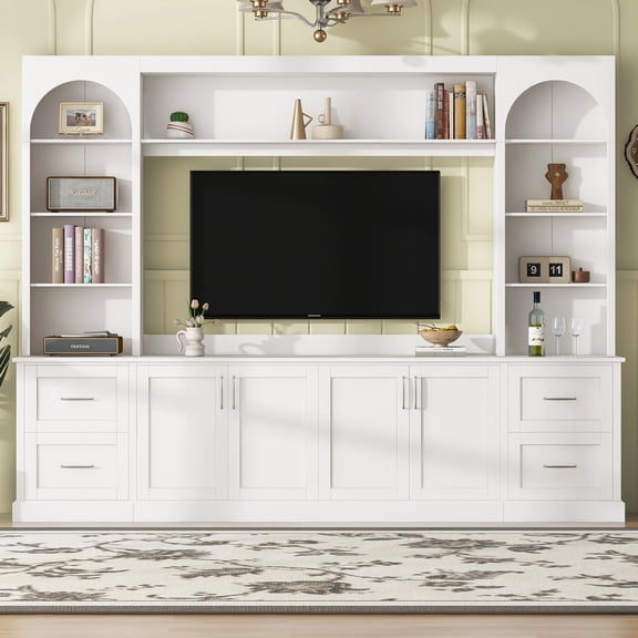 Modern Arched Entertainment Center Wall Unit with Drawers, Farmhouse TV Stand with Cable Holes for TVs Up to 65", Multifunctional All-in-One TV Console with Adjustable Shelves for Living Room, White