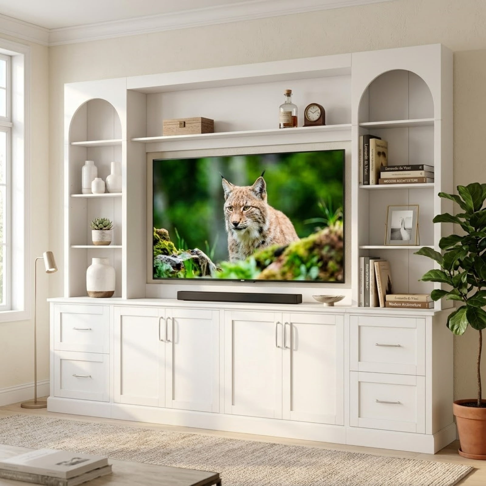 Modern Arched Entertainment Center Wall Unit with Drawers, Farmhouse TV Stand for TVs Up to 65 Inch, All-in-One Media Console with Adjustable Shelves and Cable Management for Living Room