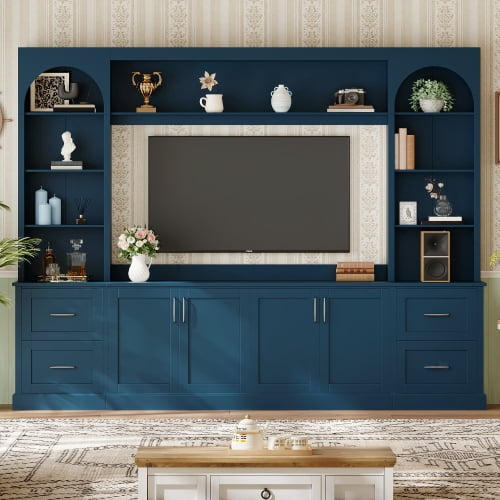 Modern Arched Farmhouse TV Stand for TVs up to 65 Inches, Entertainment Center with Drawers, Cable Holes and Adjustable Shelves, Blue