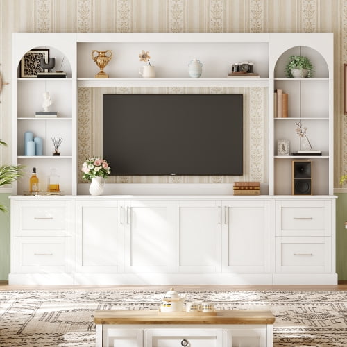 Modern Arched Farmhouse TV Stand for TVs up to 65 Inches, Entertainment Center with Drawers, Cable Holes and Adjustable Shelves, White