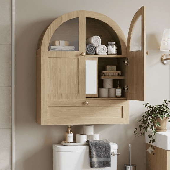 Modern Arched Glass Door Bathroom Cabinet, Wall Hanging Medicine Cabinet with Adjustable Mirror, Over Toilet Storage Cabinet for Home Bathroom Vanity