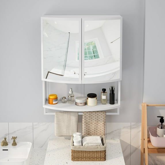 Modern Arched Glass Double Door Wall Cabinet with Shatterproof Mirror for Entryway, Living Room, Bathroom - Double Layer Storage, Open Shelf and Towel Rack in White