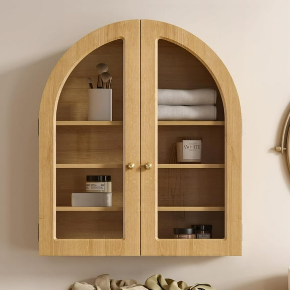 Modern Arched Wall Cabinet, Large Bathroom Medicine Wall Mounted Cupboard, Farmhouse Floating Storage Cabinet with Acrylic Door Adjustable Shelf, Wood Organizer (Natural Oak)