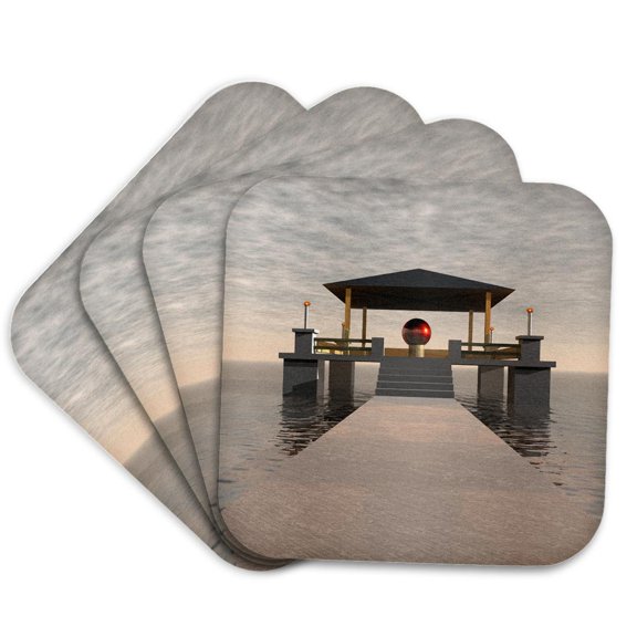 3drose, Modern Architectural Structure on the Water, Featuring Glowing Red Orb, Set of 4 Coasters - Soft
