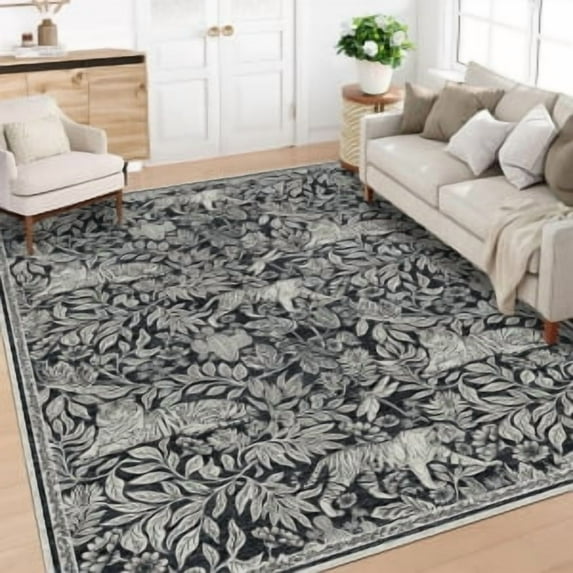 Modern Area Rug 2×6ft/5×7ft/8×10ft/9×12ft/10×13ft, Thin Washable Living Room Rug with Tiger Woodcut Print, Low Pile Non Slip Thin Carpet Soft Non Shedding Foldable Mat for Bedroom & Office