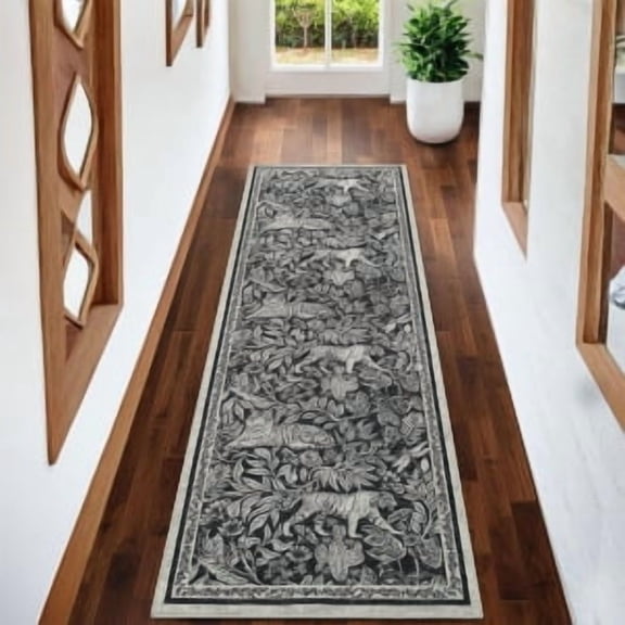 Modern Area Rug 2×6ft/5×7ft/8×10ft/9×12ft/10×13ft, Thin Washable Living Room Rug with Tiger Woodcut Print, Low Pile Non Slip Thin Carpet Soft Non Shedding Foldable Mat for Bedroom & Office
