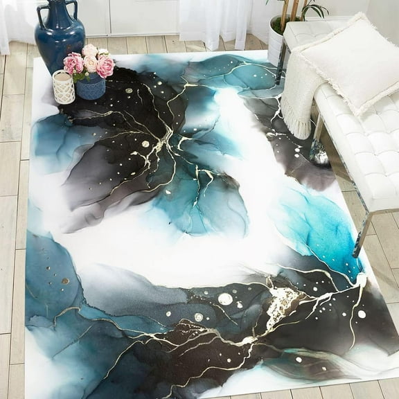 Modern Area Rug 2'x3' Black White Teal Marble Aethetic Faux Wool Living Room Bedroom Carpets Washable Non Slip Dining Kitchen Home Office Hallway Rugs Bathmat