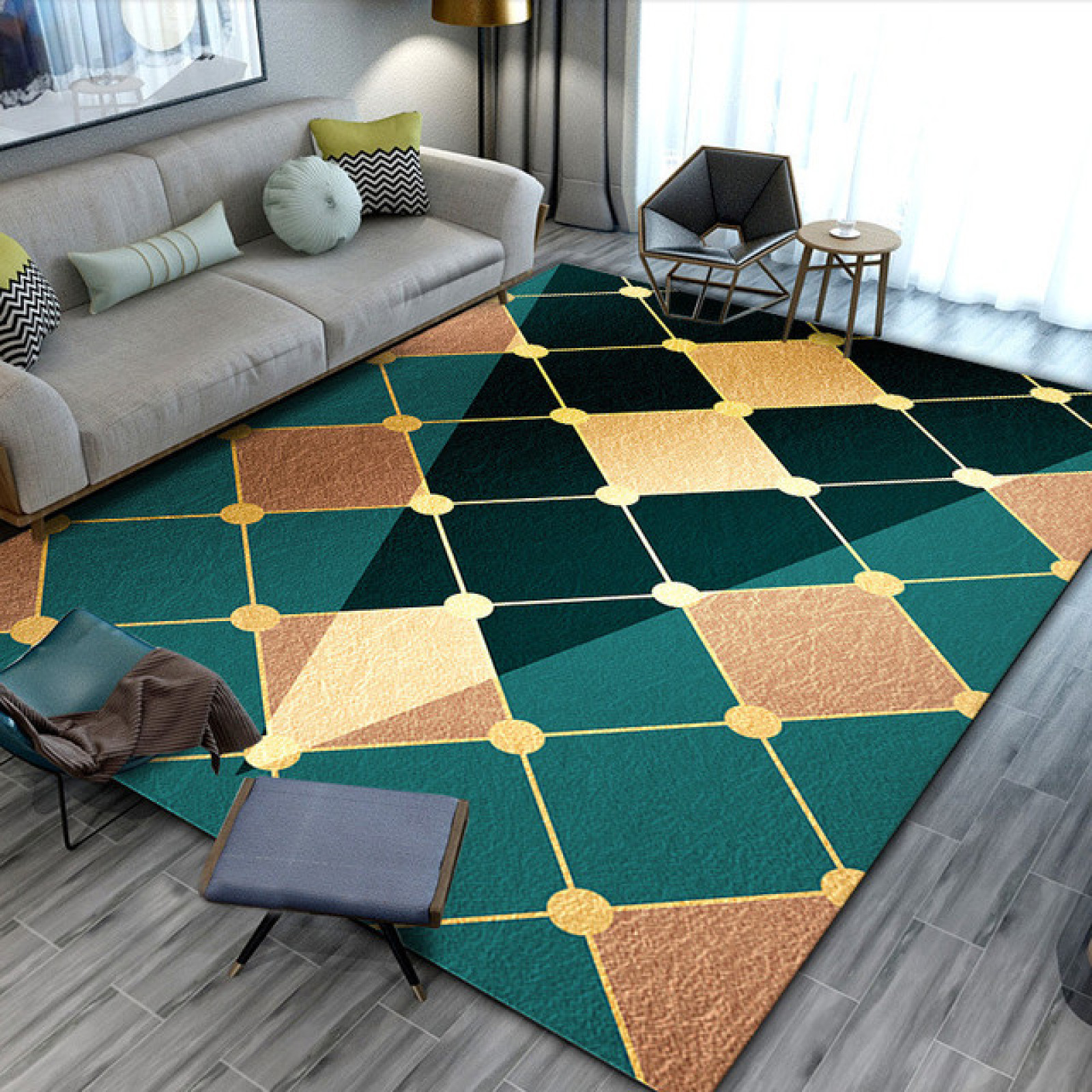 Modern Area Rug,Emerald Green Gold Geometric Soft NonSlip Rug For