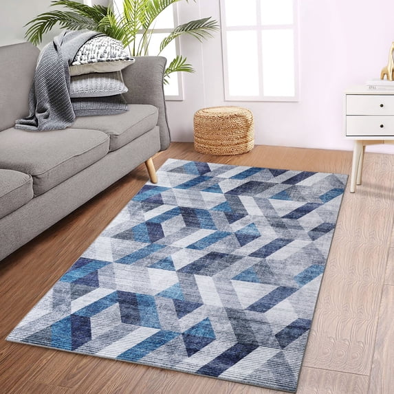 Modern Area Rug, Geometric Pattern Print Velvet Plush Carpet Distressed Accent Rug