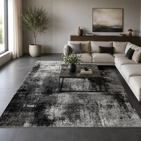 Modern Area Rug for Living Room with Abstract Paint Effect in Black Grey - 5' x 7'
