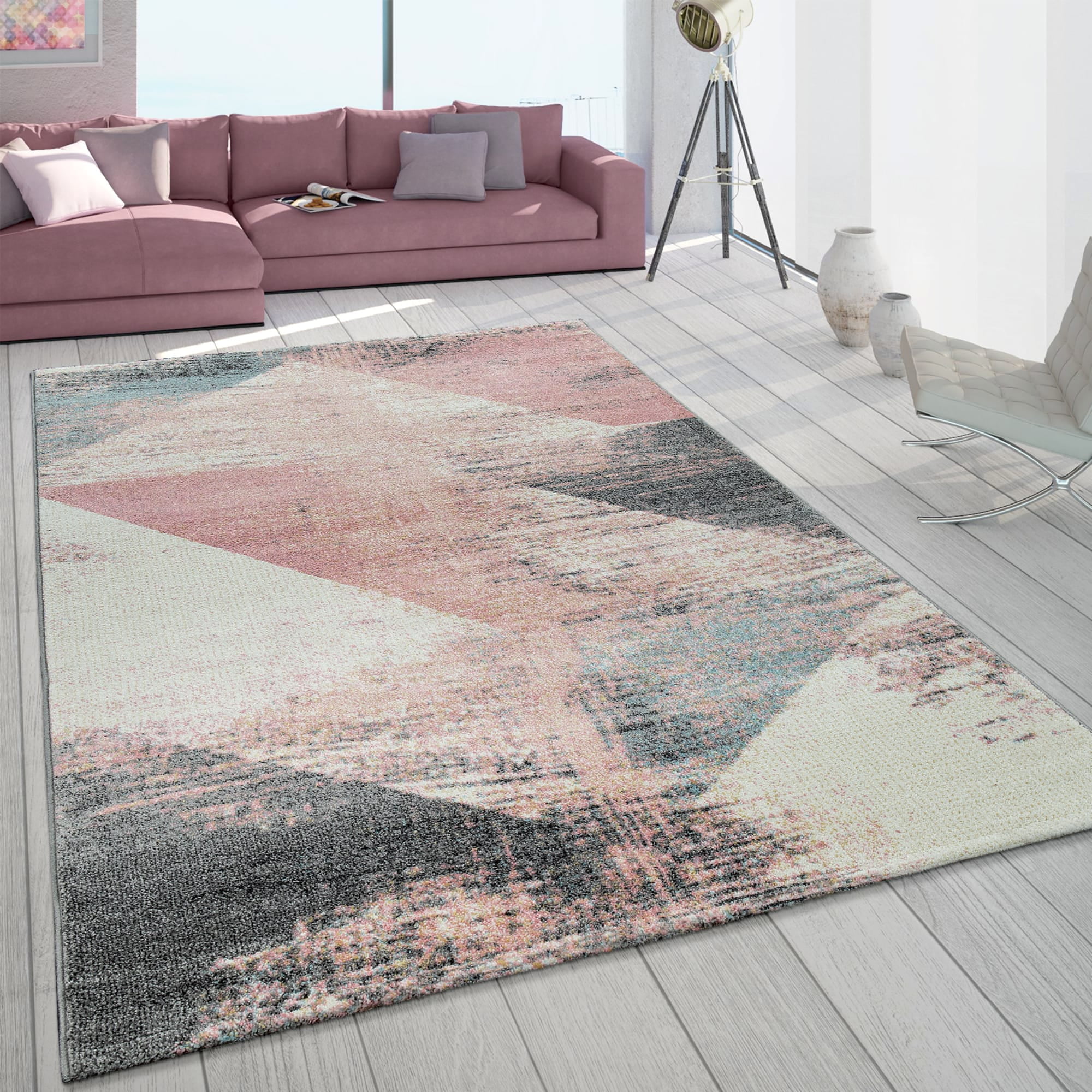 Gray and Pink Abstract Synthetic Rectangular Area Rug