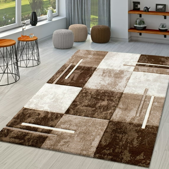 Modern Area Rug with Checkered Pattern in Brown Beige