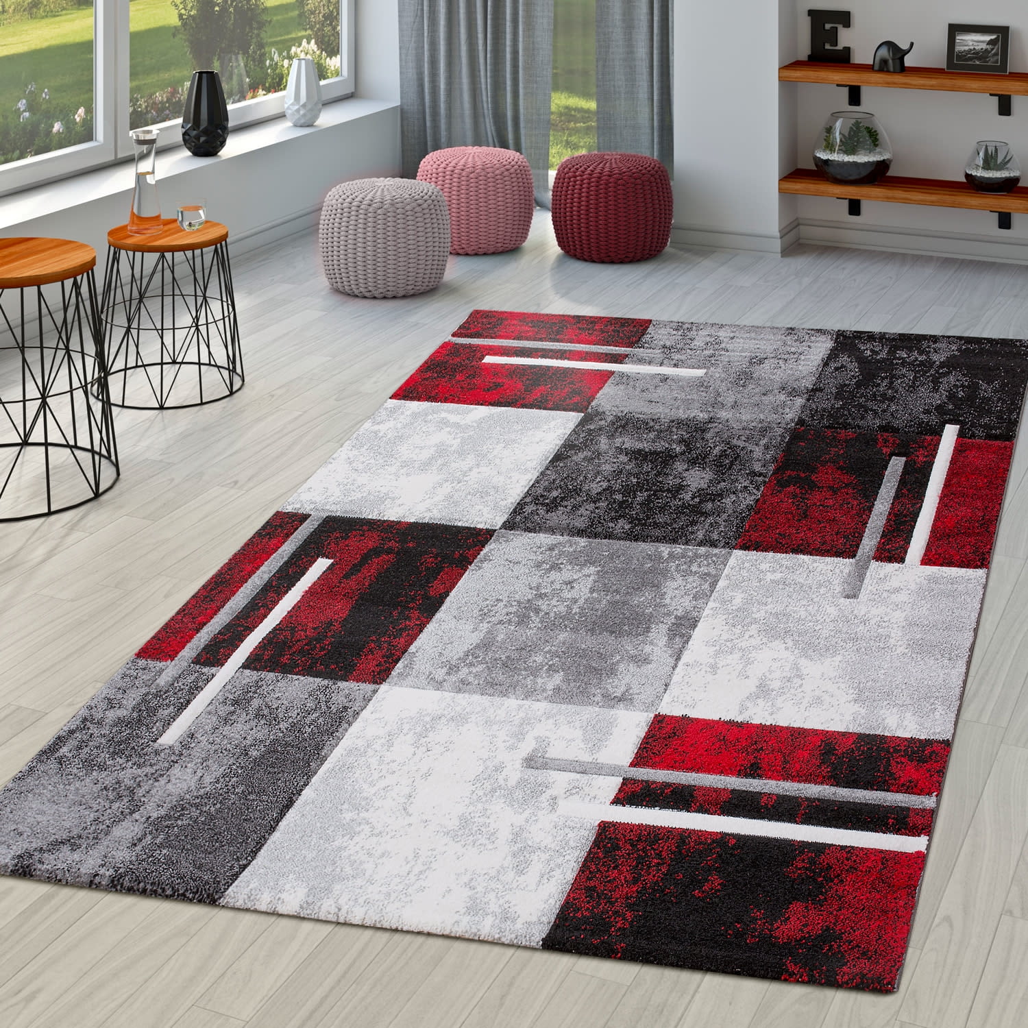 Modern Patterned Area Rug Modern Area Rug with Checkered Pattern in Grey Red - Walmart.com